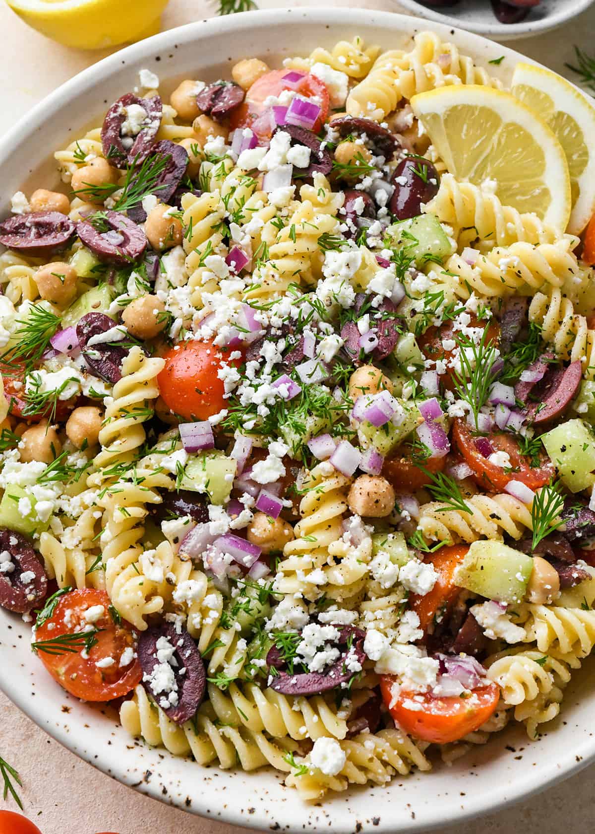 Greek Pasta Salad in a serving bowl
