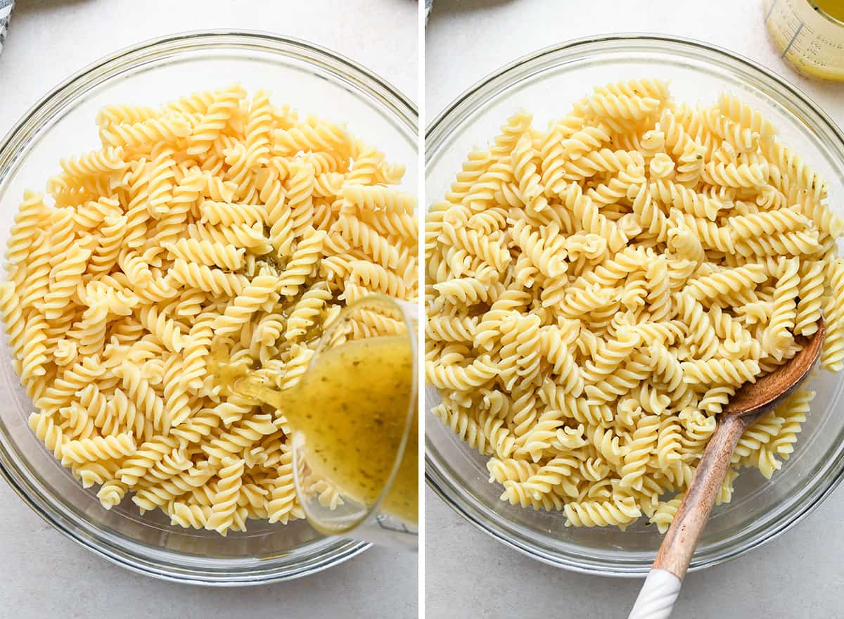 two photos showing mixing dressing into cooked pasta for greek pasta salad