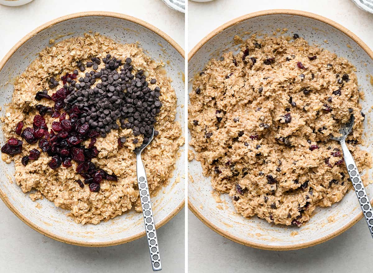 two photos showing How to Make Breakfast Cookies - stirring in chocolate chips and dried cranberries