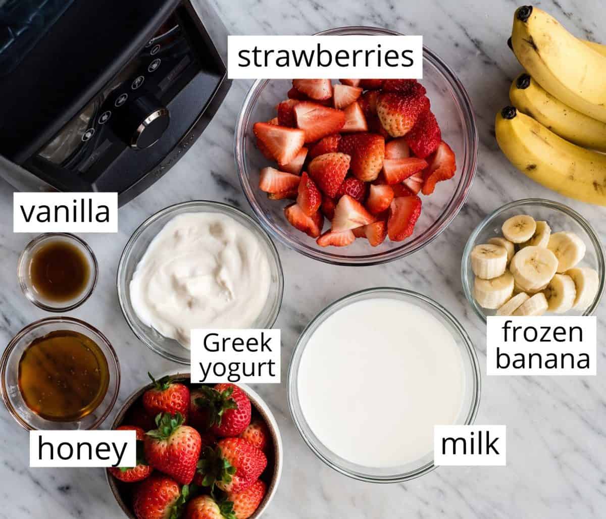 The BEST strawberry banana smoothie recipe ever! It's easy (ready in less than 5 minutes), healthy, and made with yogurt so it's full of protein! It's the perfect snack or breakfast! #smoothie #strawberrybananasmoothie #strawberry #banana #breakfast #snack #vitamix overhead photo of the labeled ingredients in this strawberry banana smoothie recipe