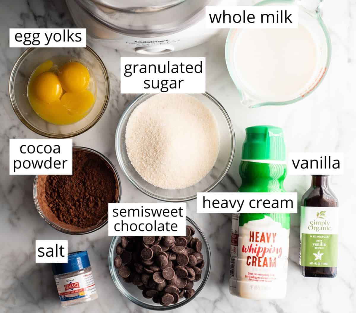 Rich, ultra-creamy, and chocolatey, this is the best homemade chocolate ice cream recipe ever! It's easy to make with only 7 ingredients (including two forms of chocolate), has a rich chocolate flavor, and is just as good as any ice cream shop! Overhead view of the labeled ingredients in this chocolate ice cream recipe