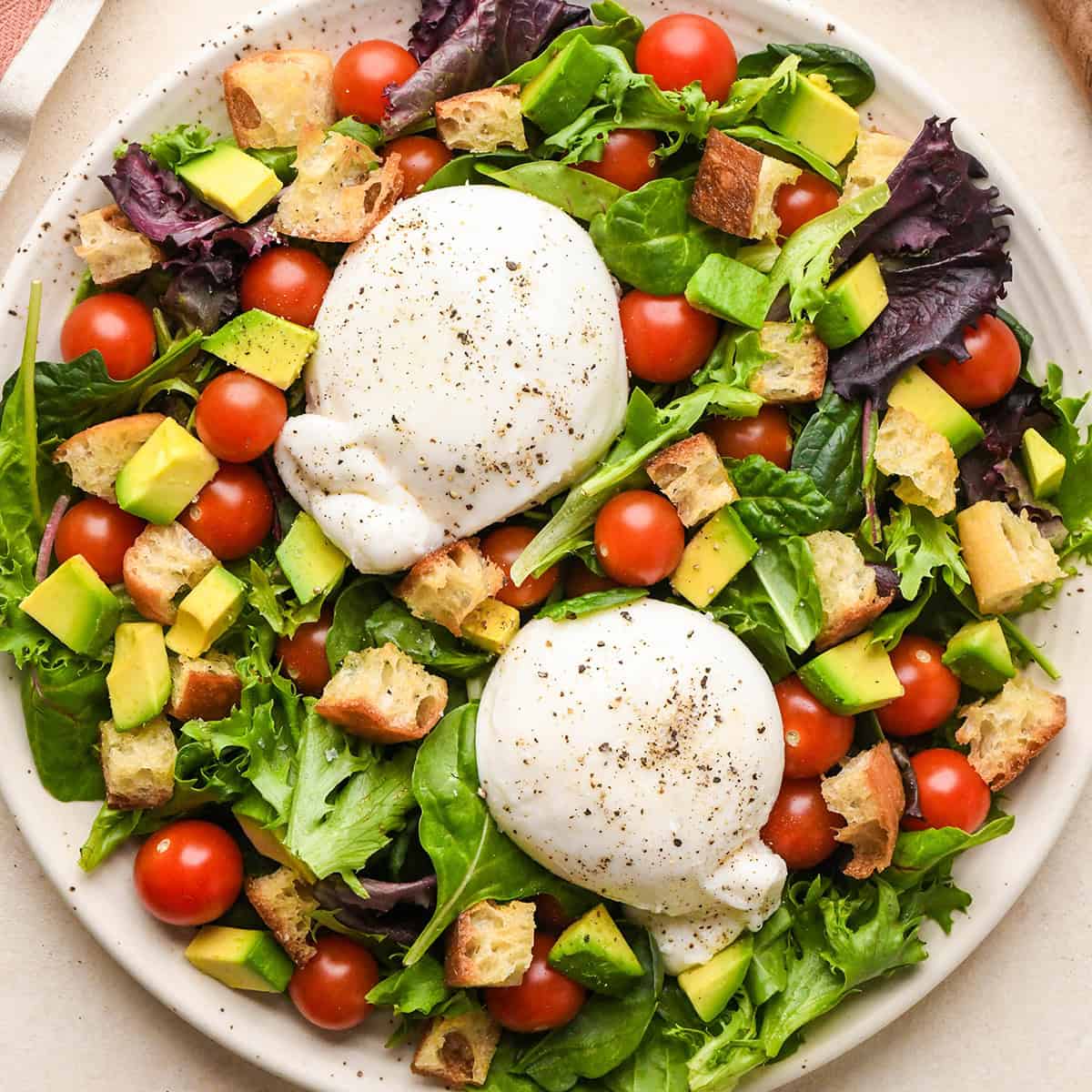 Homemade Croutons on a burrata salad