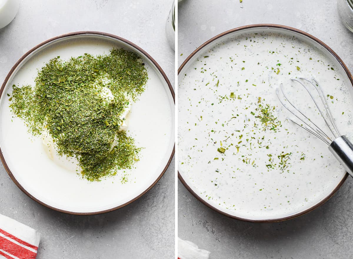 two photos showing how to make dressing using Homemade Ranch Dressing Mix