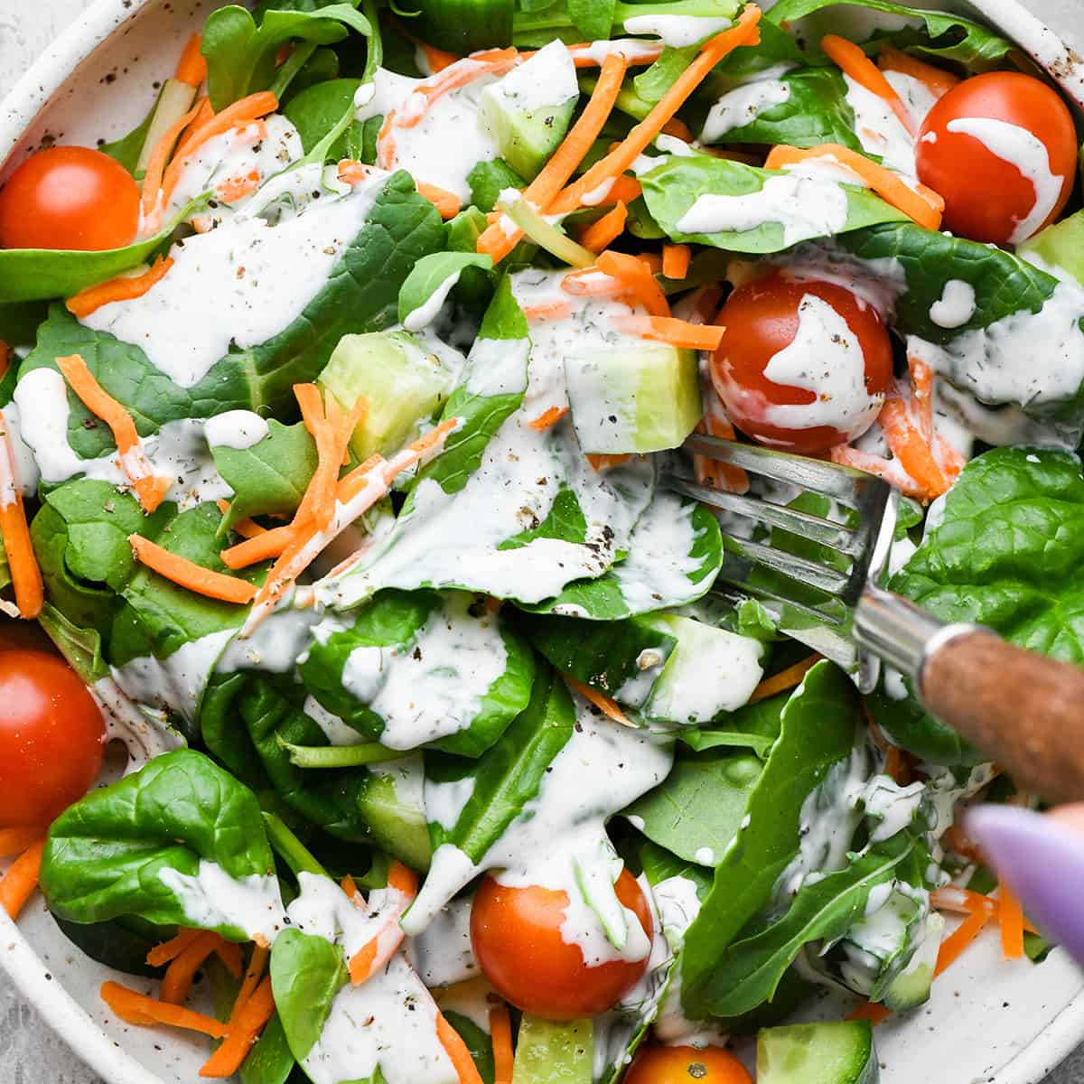 ranch dressing on a green salad