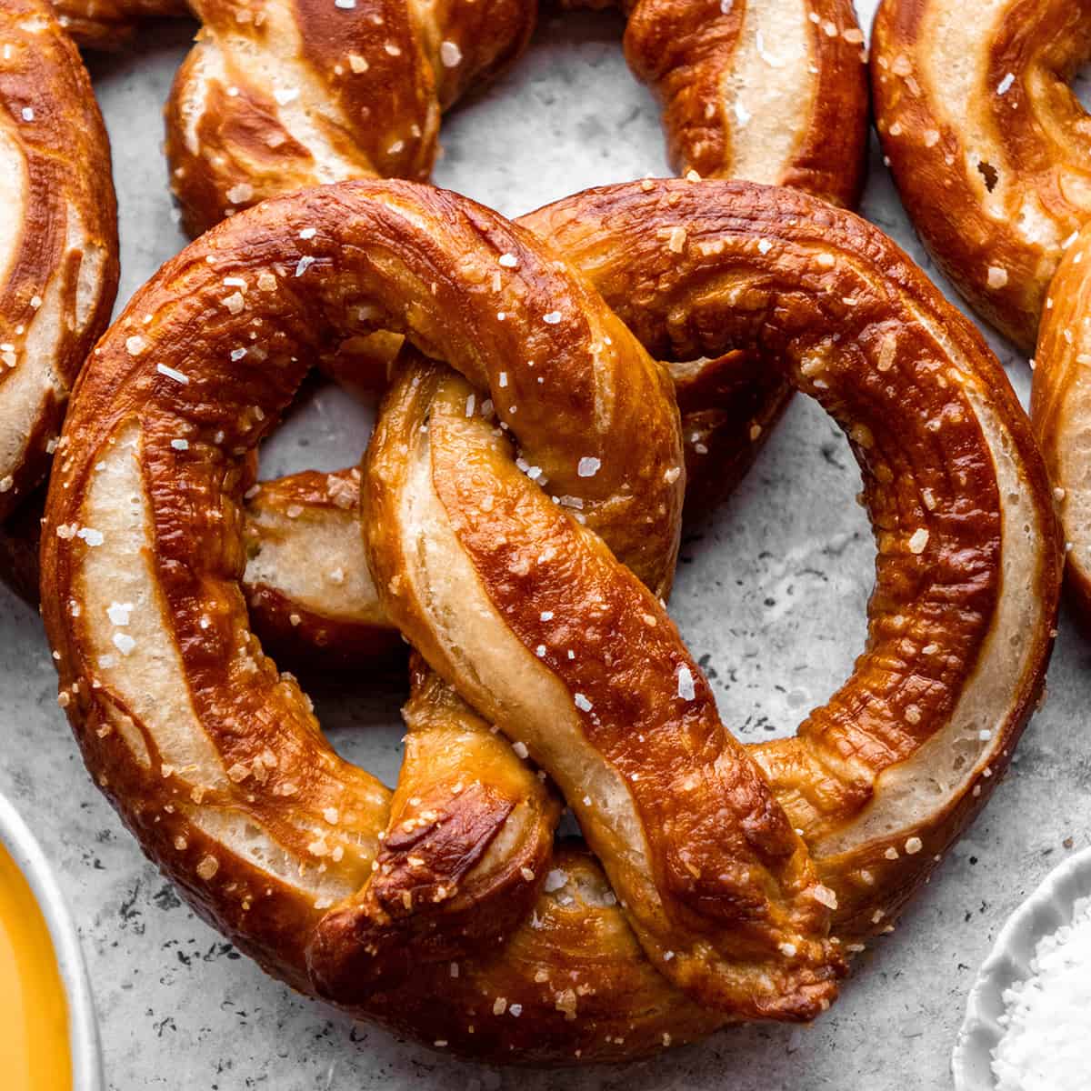 up close photo of one homemade soft pretzel