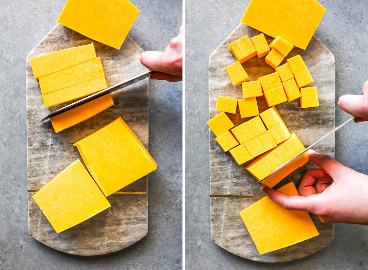How to Make Butternut Squash Soup - dicing a butternut squash