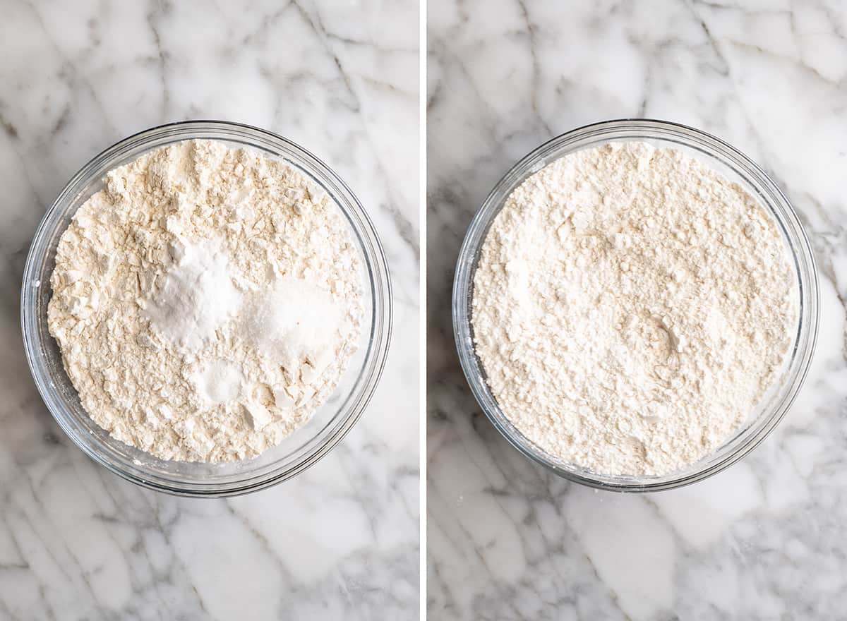 This chocolate chip cookie cake recipe is soft, chewy, slightly doughy and decorated with the best chocolate buttercream frosting. It's easy to make, large enough to feed a crowd, and even better than store-bought! two overhead photos showing How to Make a Cookie Cake