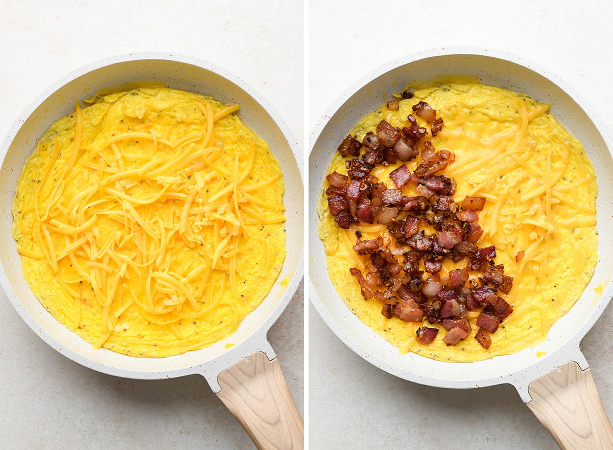 two photos showing How to Make An Omelet - filling with bacon, cheese and onions.