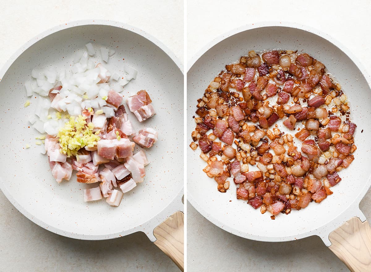 two phots showing How to Make An Omelet with bacon and onion