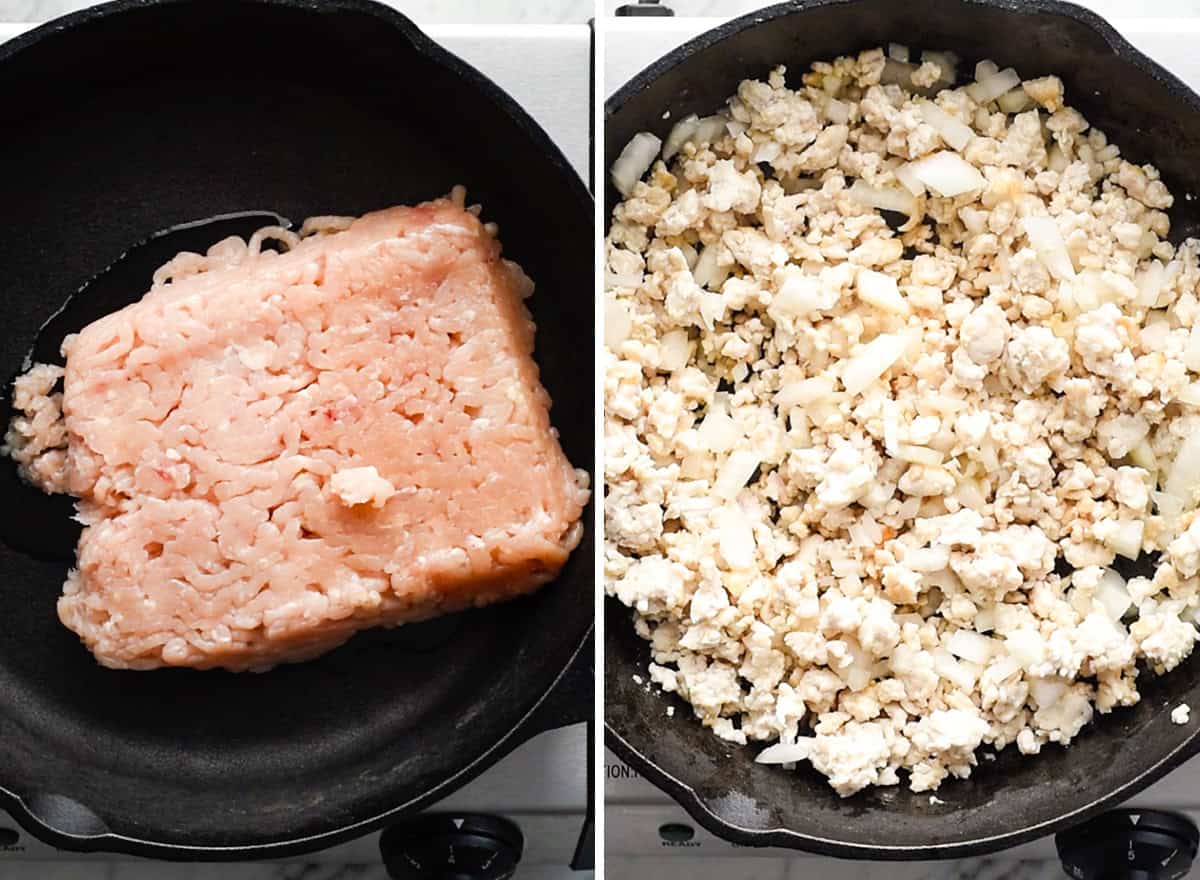 How to Make Asian Chicken Lettuce Wraps - ground chicken before and after cooking