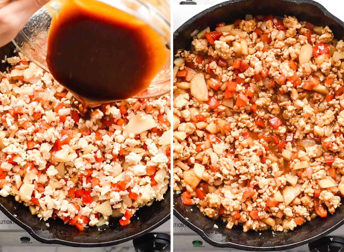 Asian Chicken Lettuce Wraps (better than P.F. Chang's)! A quick, easy, healthy and delicious dinner! Gluten and dairy-free! #lettucewraps #pfchangs #glutenfree #dairyfree #easydinner #healthyrecipe #asianlettucewraps How to Make Asian Chicken Lettuce Wraps - adding sauce and cooking