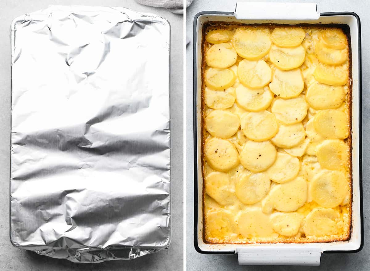 two photos showing potatoes au gratin covered in foil then uncovered after baking