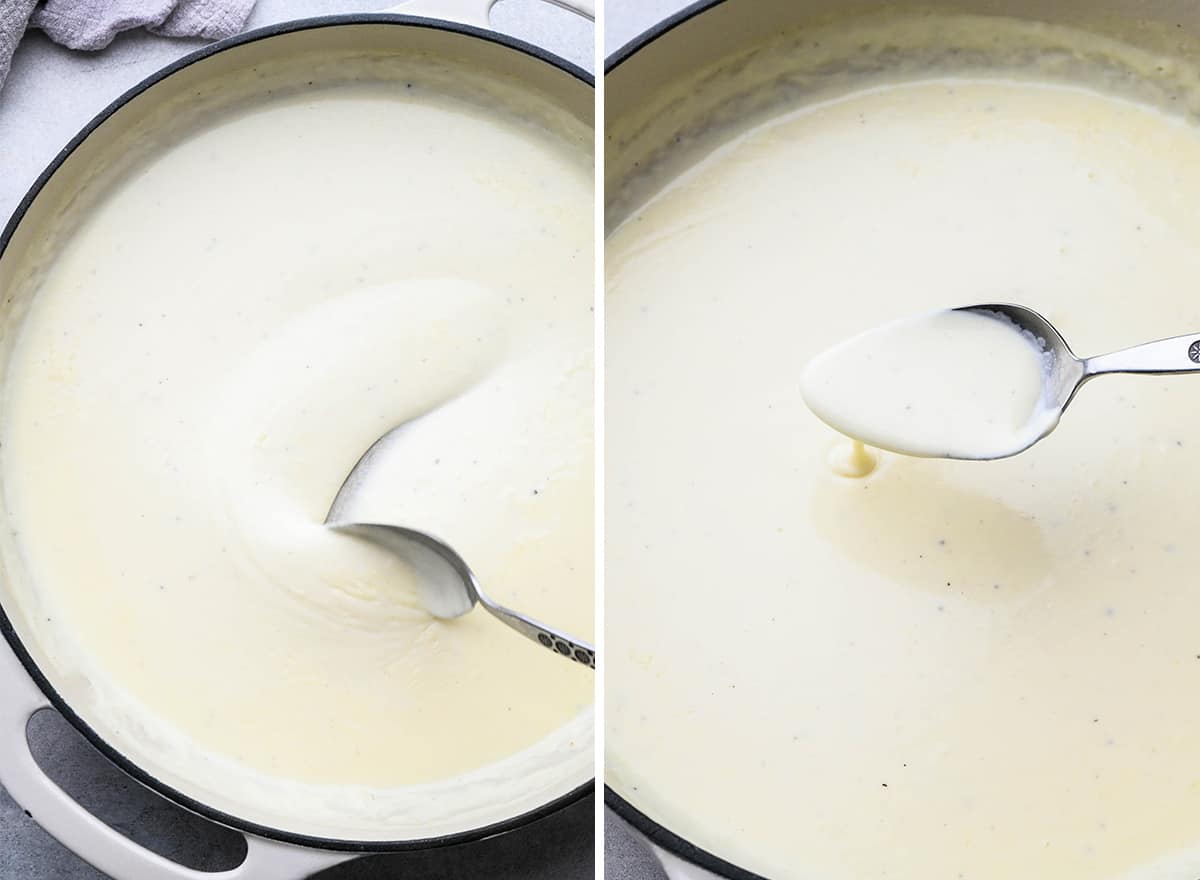 two photos showing how to make au gratin potatoes sauce