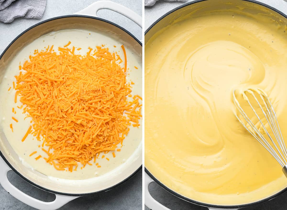two photos showing how to make au gratin potatoes sauce