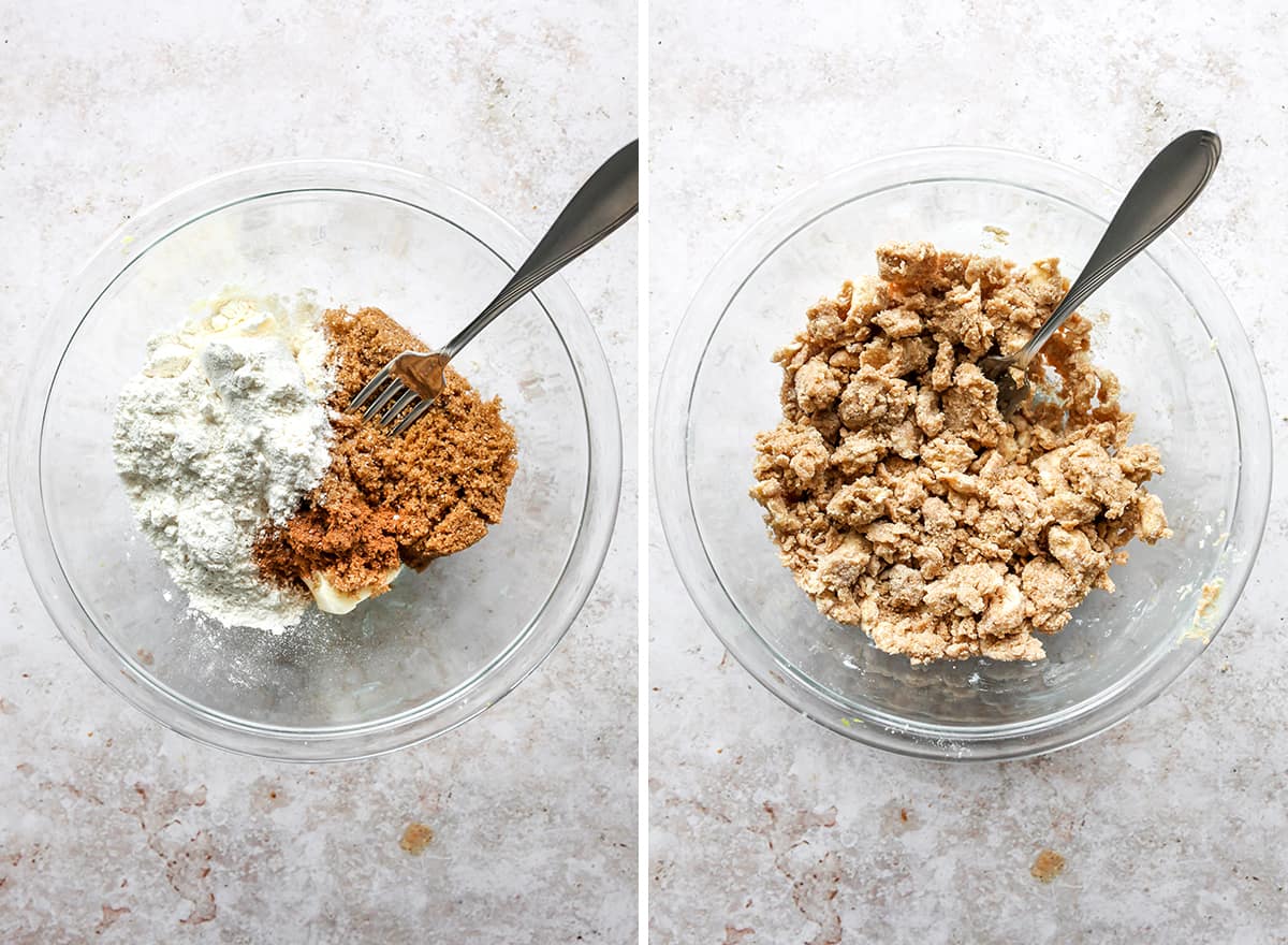 The best Baked French Toast Casserole recipe is an easy & delicious breakfast. French bread is combined with a sweet vanilla egg & milk mixture and topped with a buttery streusel topping. This overnight French toast casserole is made at night and baked in the morning so it's easy to prepare and enjoy! two photos showing how to make overnight French Toast Casserole topping