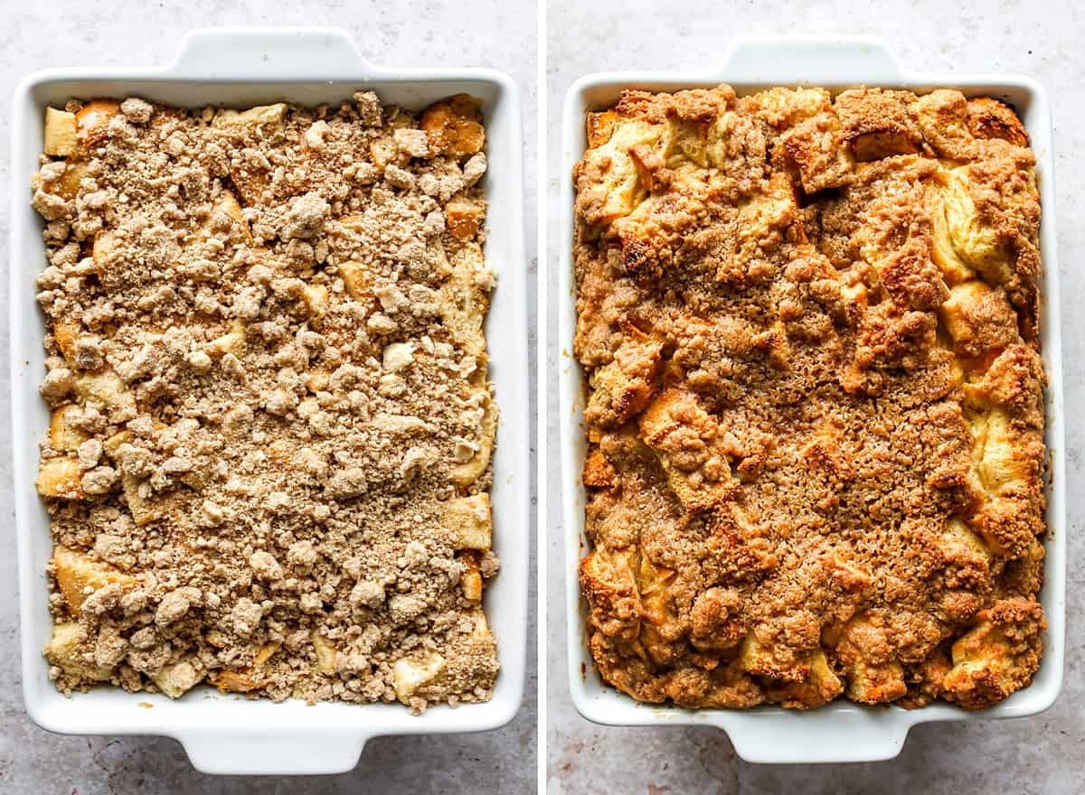 The best Baked French Toast Casserole recipe is an easy & delicious breakfast. French bread is combined with a sweet vanilla egg & milk mixture and topped with a buttery streusel topping. This overnight French toast casserole is made at night and baked in the morning so it's easy to prepare and enjoy! two photos showing overnight French Toast Casserole before and after baking