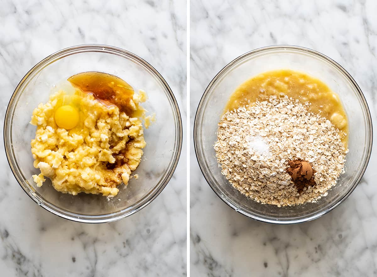 These banana oatmeal cookies are easy to make with a few simple ingredients in 20 minutes. Banana oat cookies are a delicious breakfast, snack or healthy dessert - add chocolate chip or your favorite mix-ins to make them extra-special! two overhead photos showing How to Make Banana Oatmeal Cookies