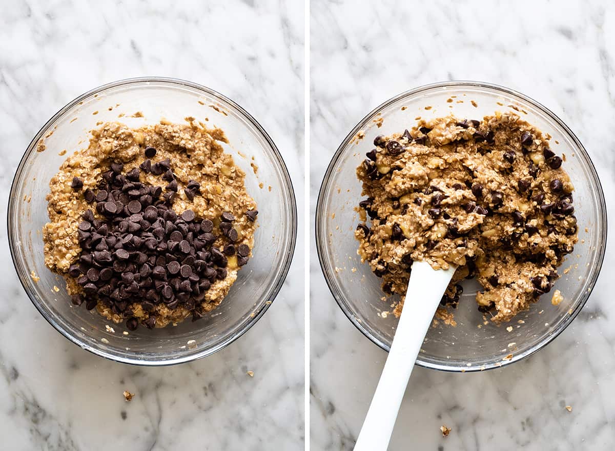 These banana oatmeal cookies are easy to make with a few simple ingredients in 20 minutes. Banana oat cookies are a delicious breakfast, snack or healthy dessert - add chocolate chip or your favorite mix-ins to make them extra-special! two overhead photos showing How to Make Banana Oatmeal Cookies