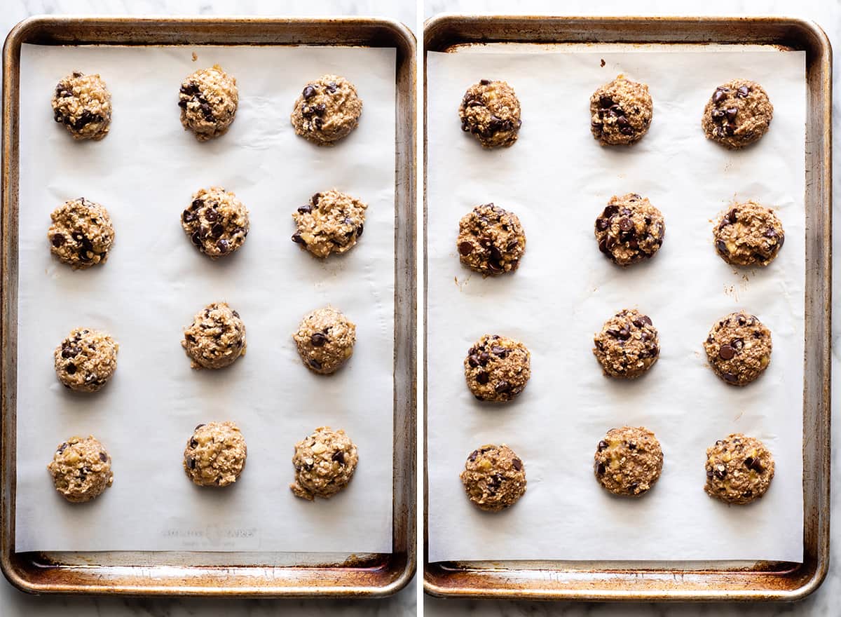 These banana oatmeal cookies are easy to make with a few simple ingredients in 20 minutes. Banana oat cookies are a delicious breakfast, snack or healthy dessert - add chocolate chip or your favorite mix-ins to make them extra-special! two overhead photos showing How to Make Banana Oatmeal Cookies
