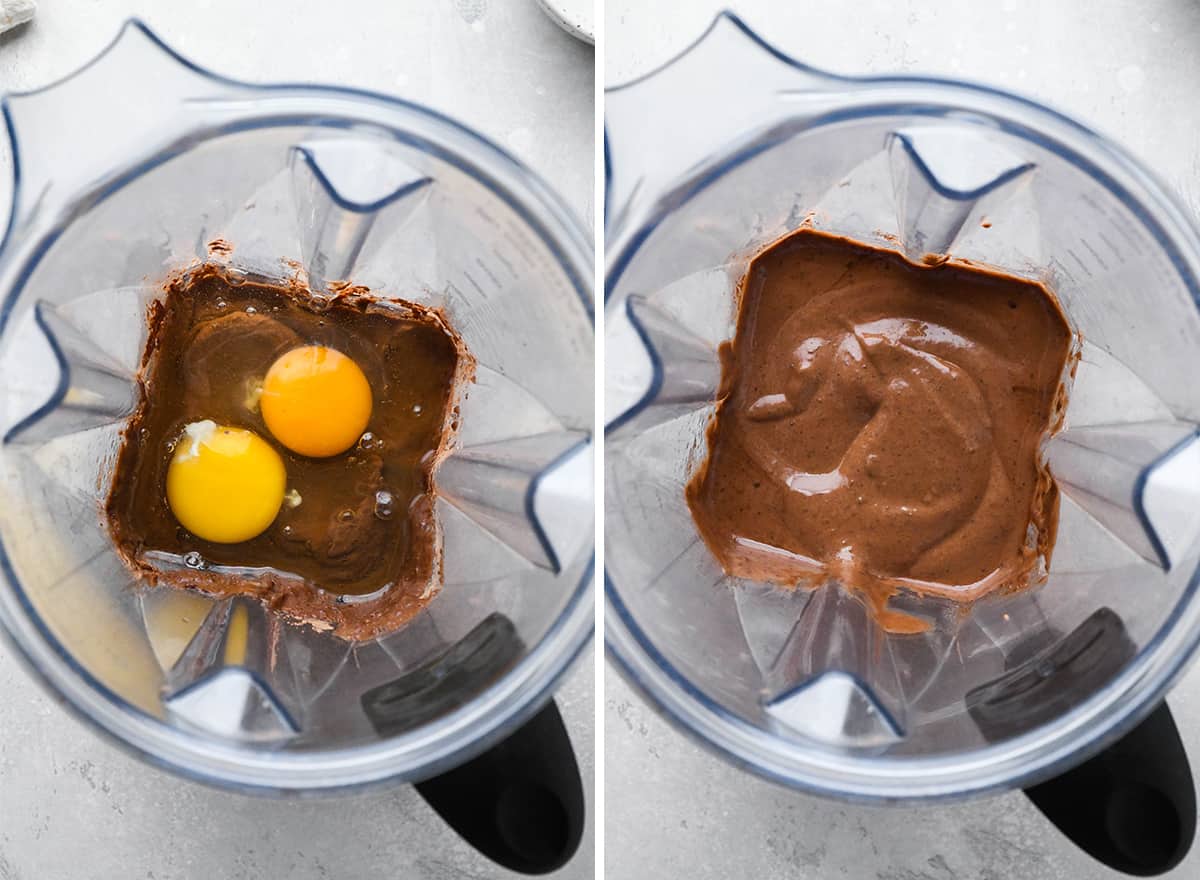 two photos showing how to make black bean brownies - blending in a vitamix