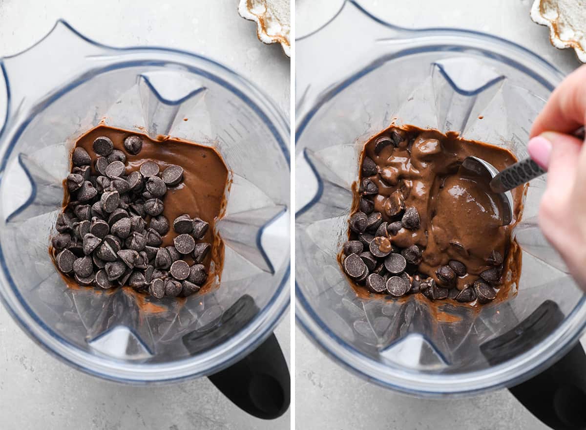 two photos showing how to make black bean brownies - adding chocolate chips