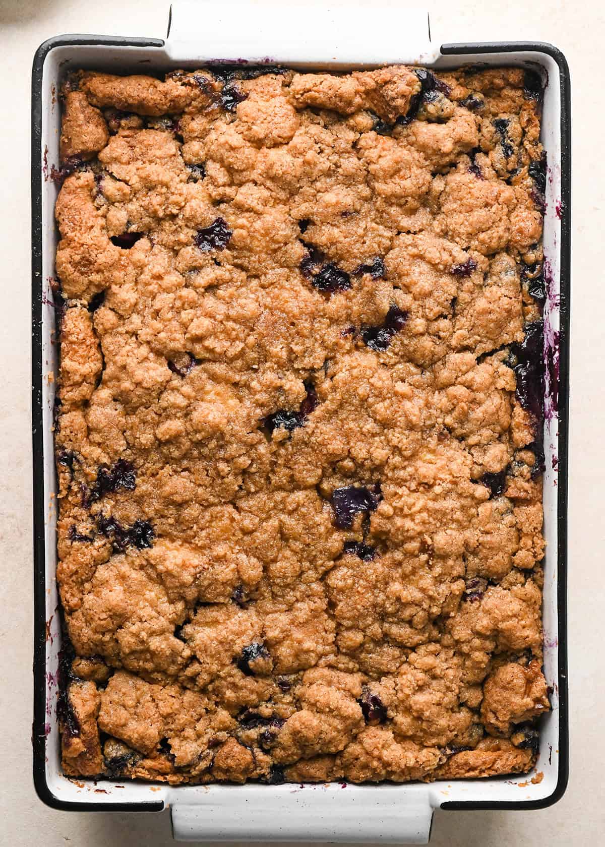 Blueberry French Toast Casserole in a baking dish after baking