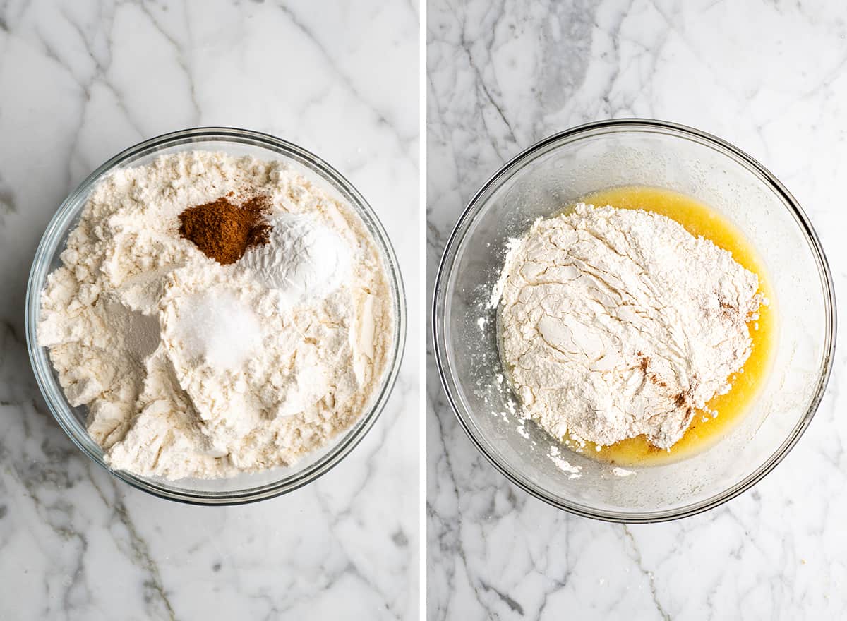 two overhead photos showing How to Make Blueberry Muffins - combining and adding the dry ingredients