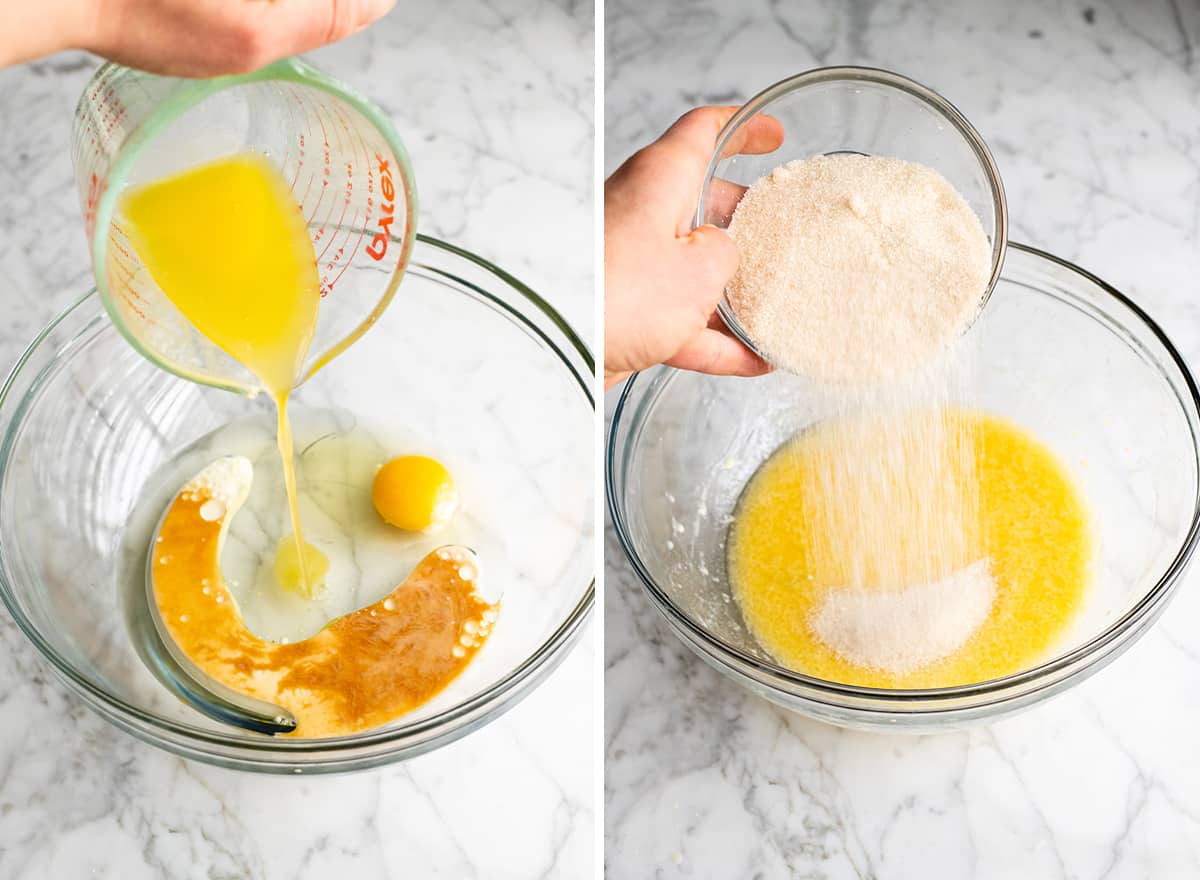 two overhead photos showing How to Make Blueberry Muffins - combining wet ingredients & sugar