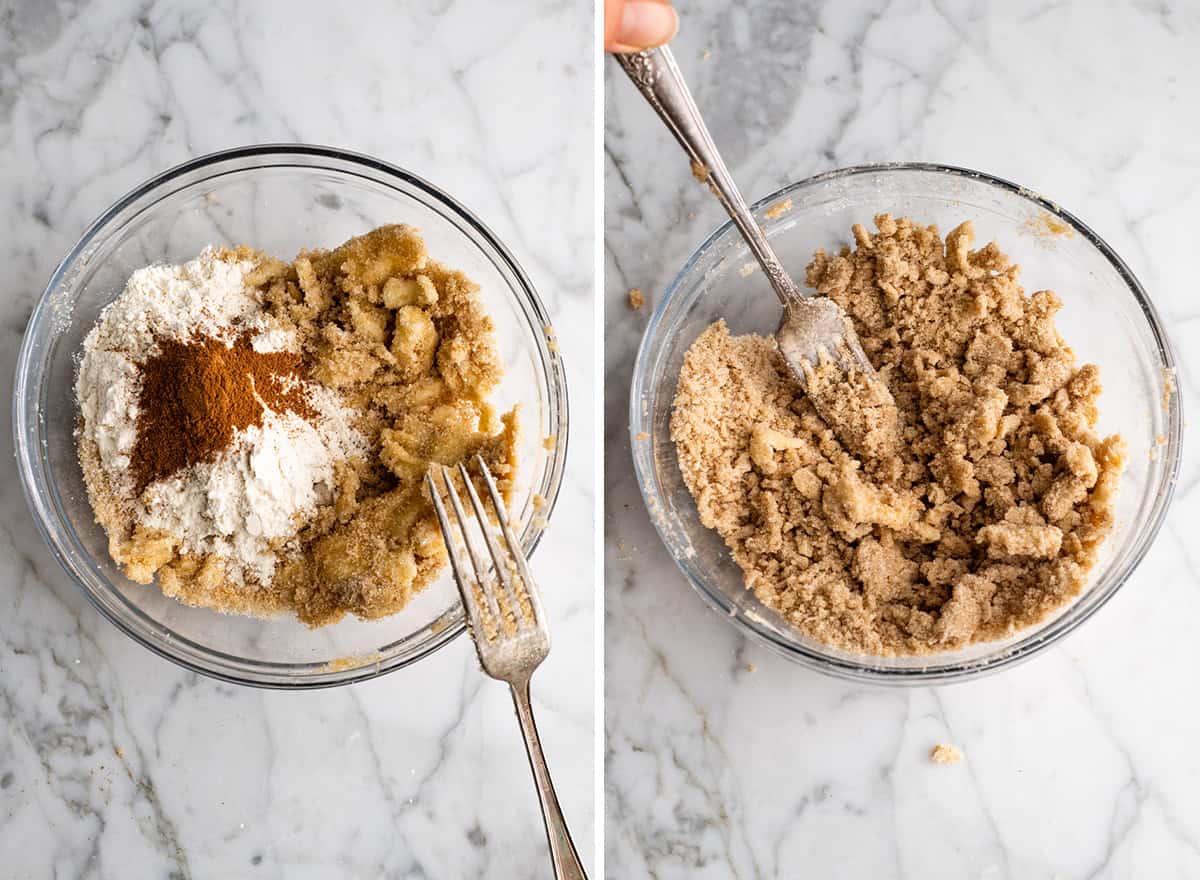 two photos showing How to Make Blueberry Muffins crumb topping in a glass bowl