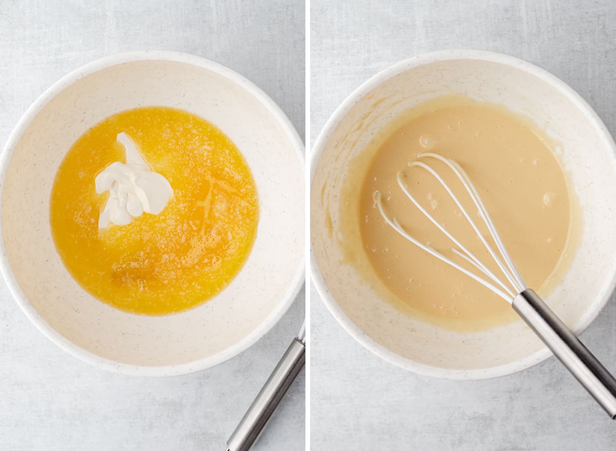 two photos showing how to make blueberry zucchini bread - combining butter and sour cream