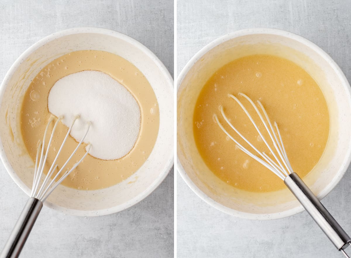 two photos showing how to make blueberry zucchini bread - whisking in sugar