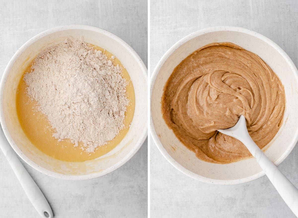 two photos showing how to make blueberry zucchini bread - combining wet and dry ingredients