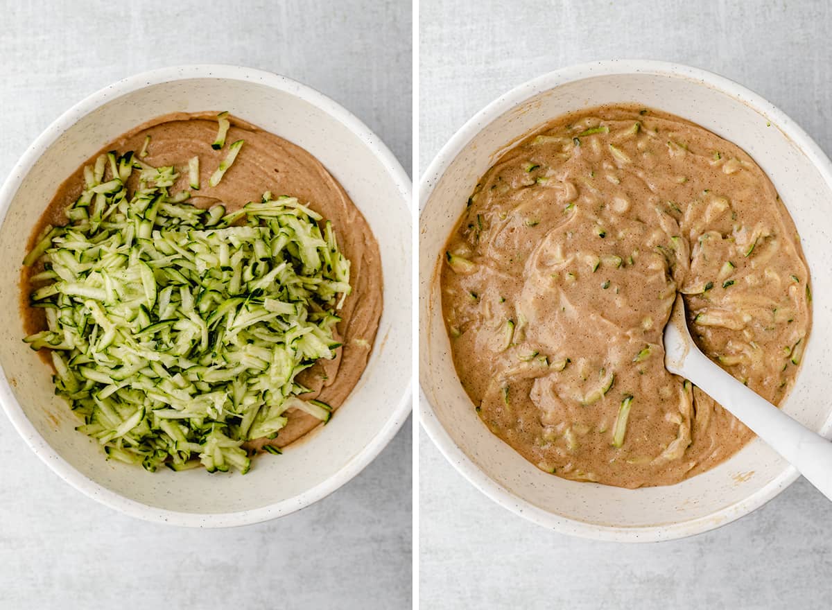 two photos showing how to make blueberry zucchini bread - stirring in the zucchini