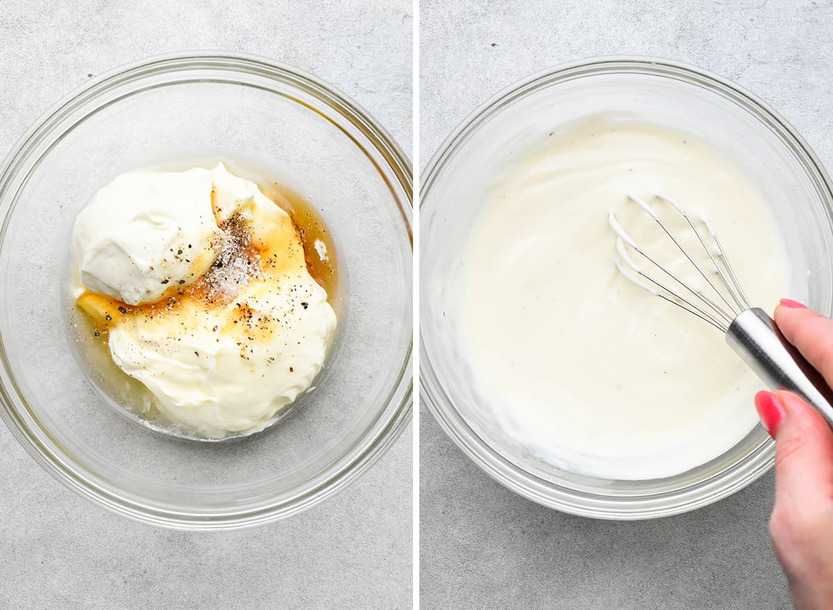 two photos showing how to make the dressing for this Broccoli Salad recipe