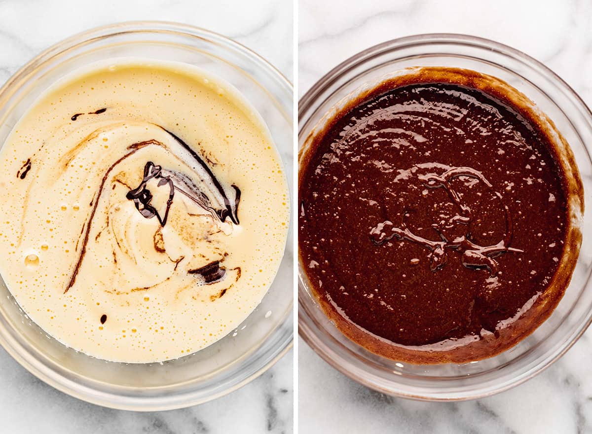 This is the best brownie recipe EVER! These fudgy brownies are homemade from scratch and have a gorgeous crinkly top with a gooey middle! They're easy to make with only 7 ingredients! Ditch the box and make these today! #brownies #brownierecipe #homemadebrownies #fudgybrownies #dessert #browniesfromscratch #baking #dessert #chocolate two photos showing how to make brownies - adding melted chocolate and vanilla