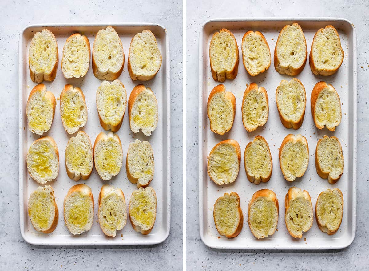 two photos showing How to Make Bruschetta - toasting the bread