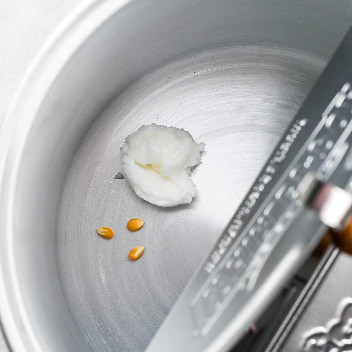 coconut oil and 3 popcorn kernels in a popcorn maker