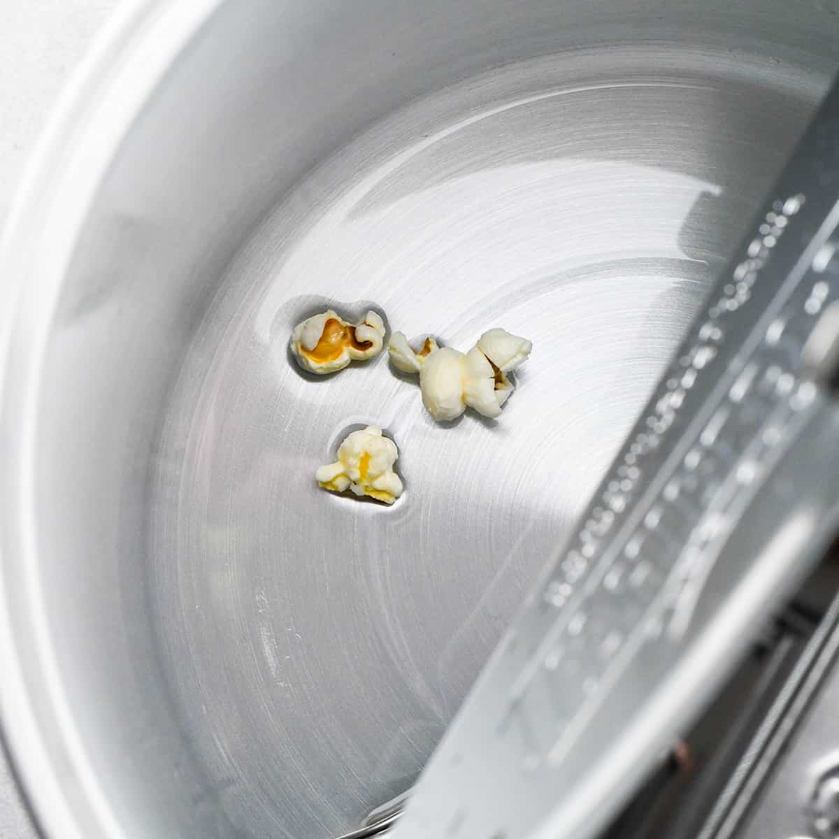 3 pieces of popped popcorn in a popcorn maker to make Butter Popcorn