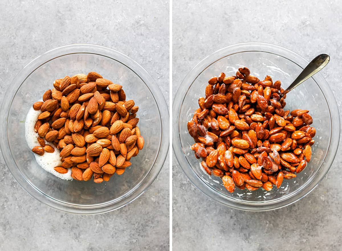 This Candied Almonds Recipe is easy to make with just 6 ingredients. These cinnamon roasted almonds are even more delicious than the nuts you can get at the mall or fair, and they're freezer-friendly so you can make a batch and enjoy them for months as a snack, on top of salads, etc. two overhead photos showing How to Make Candied Almonds