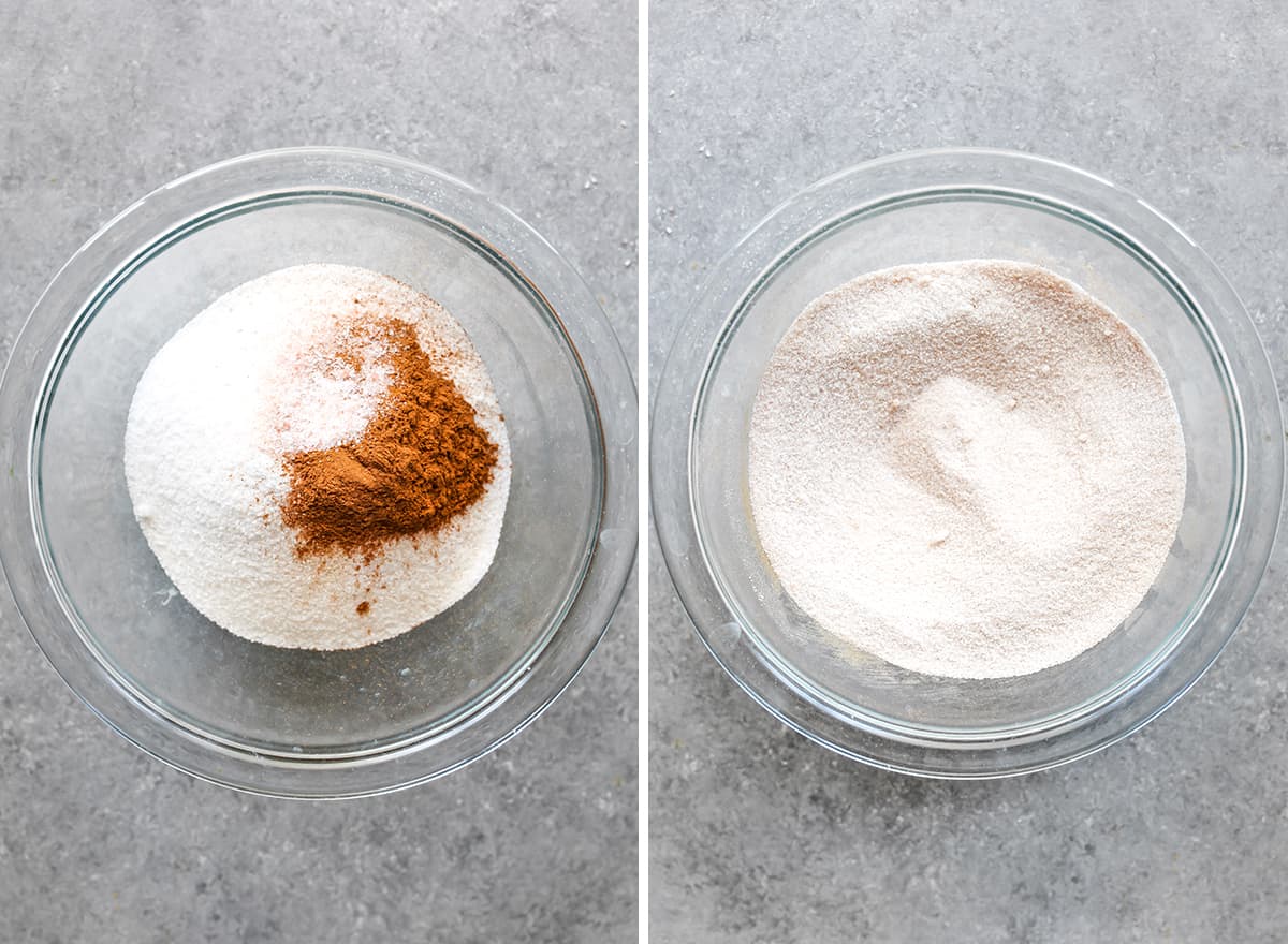 This Candied Almonds Recipe is easy to make with just 6 ingredients. These cinnamon roasted almonds are even more delicious than the nuts you can get at the mall or fair, and they're freezer-friendly so you can make a batch and enjoy them for months as a snack, on top of salads, etc. two overhead photos showing How to Make Candied Almonds