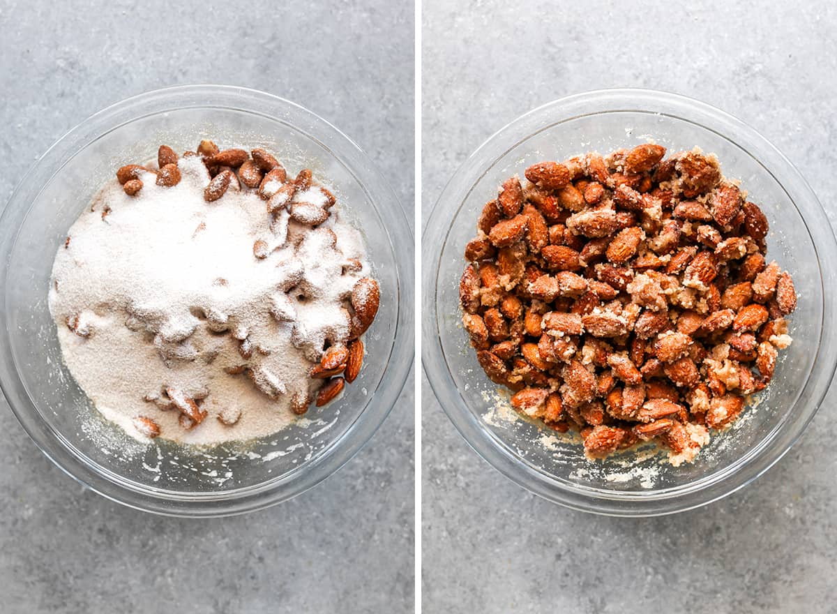 This Candied Almonds Recipe is easy to make with just 6 ingredients. These cinnamon roasted almonds are even more delicious than the nuts you can get at the mall or fair, and they're freezer-friendly so you can make a batch and enjoy them for months as a snack, on top of salads, etc. two overhead photos showing How to Make Candied Almonds