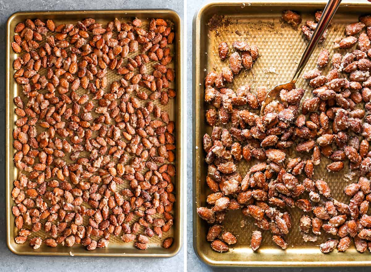 This Candied Almonds Recipe is easy to make with just 6 ingredients. These cinnamon roasted almonds are even more delicious than the nuts you can get at the mall or fair, and they're freezer-friendly so you can make a batch and enjoy them for months as a snack, on top of salads, etc. two overhead photos showing How to Make Candied Almonds