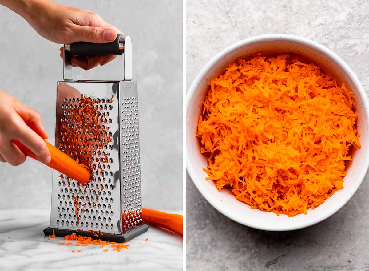 two photos showing How to Make Carrot cake - grating carrots