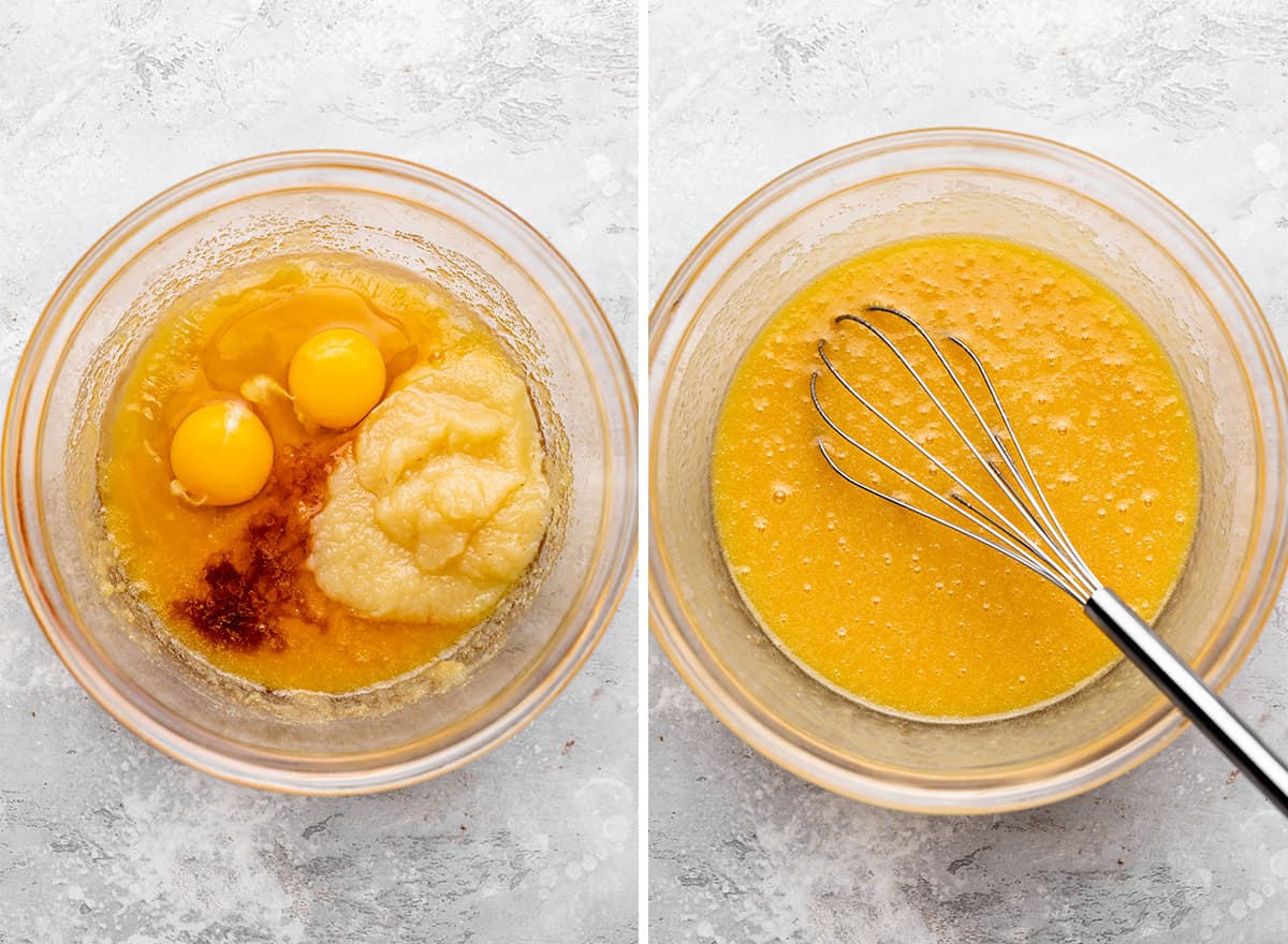 two photos showing How to Make Carrot cake - adding eggs, applesauce and vanilla