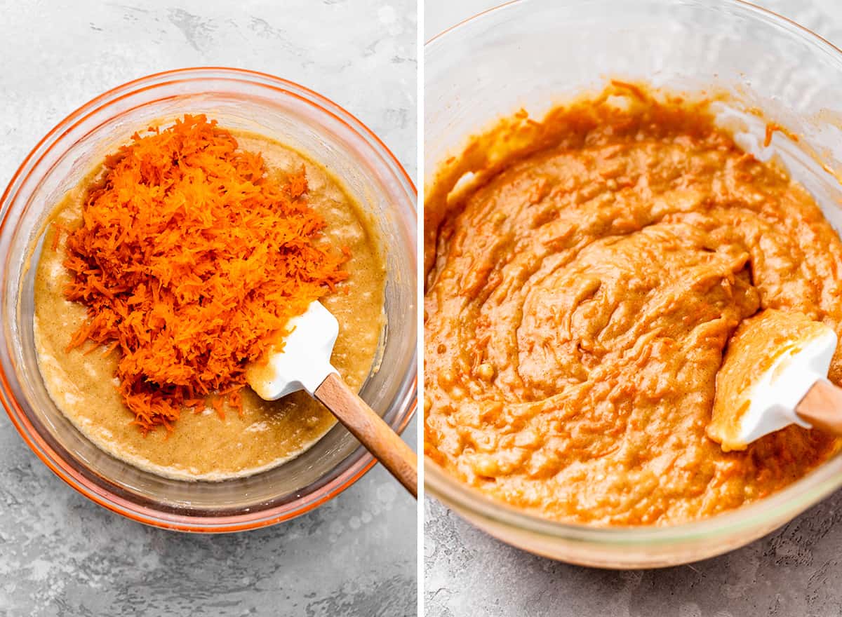 two photos showing How to Make Carrot cake - adding shredded carrots