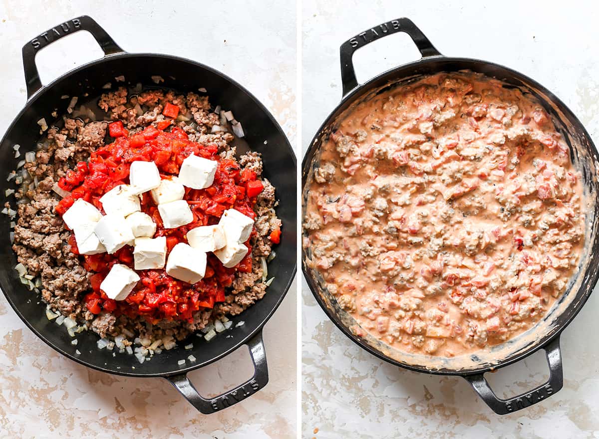 This cream cheese sausage dip is an easy appetizer made with 8 ingredients, in one skillet in 20 minutes. You can easily adjust the spice to make it mild or hot! Serve it with chips, crackers, or veggies for a delicious warm appetizer that will be the hit of any party. two overhead photos showing how to make Cream Cheese Sausage Dip