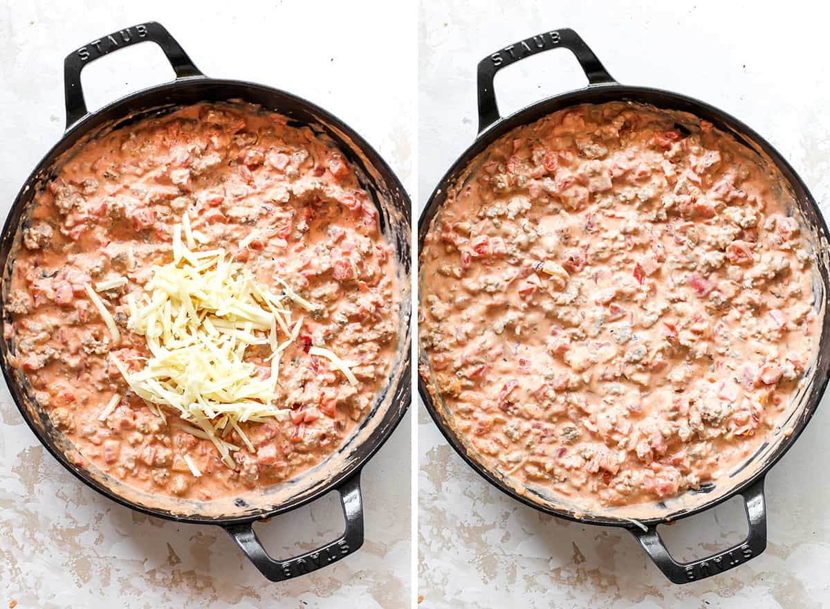 This cream cheese sausage dip is an easy appetizer made with 8 ingredients, in one skillet in 20 minutes. You can easily adjust the spice to make it mild or hot! Serve it with chips, crackers, or veggies for a delicious warm appetizer that will be the hit of any party. two overhead photos showing how to make Cream Cheese Sausage Dip