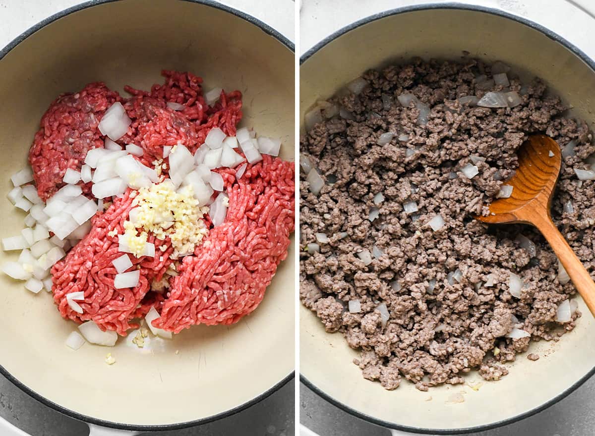 The BEST quick and easy chili recipe! Made in 30 minutes on the stovetop, this beef chili is the perfect easy, family-friendly dinner to enjoy while watching football in the fall! It's made from scratch (no packaged seasoning)! #chili #chilirecipe #fallfood #fallrecipe #beefchili #bestchili #easychili #quickchili two photos showing How to Make Chili - browning meat with onions and garlic