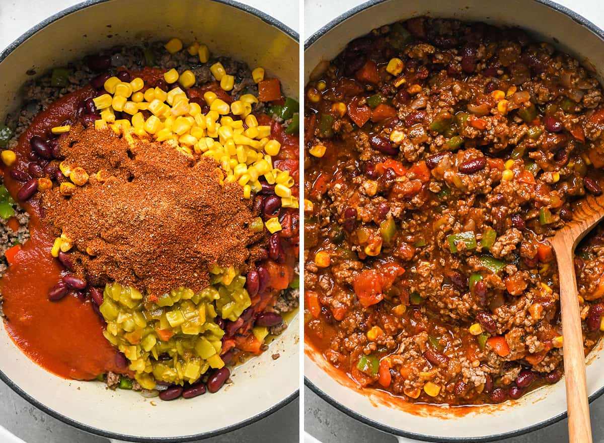 The BEST quick and easy chili recipe! Made in 30 minutes on the stovetop, this beef chili is the perfect easy, family-friendly dinner to enjoy while watching football in the fall! It's made from scratch (no packaged seasoning)! #chili #chilirecipe #fallfood #fallrecipe #beefchili #bestchili #easychili #quickchili two photos showing How to Make Chili - adding the rest of the ingredients and stirring