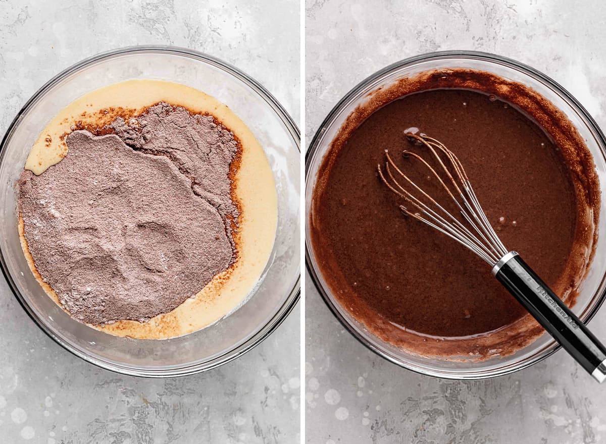 This is the best chocolate cake recipe for serious chocolate lovers. It's dense and moist with a perfect crumb! Topped with chocolate buttercream frosting it's the ultimate chocolate birthday cake. Check out the step-by-step photos and watch the video to learn how to make this easy chocolate cake recipe and ditch boxed cake mixes once and for all! two photos showing How to Make Chocolate Cake From Scratch - combining wet and dry ingredients